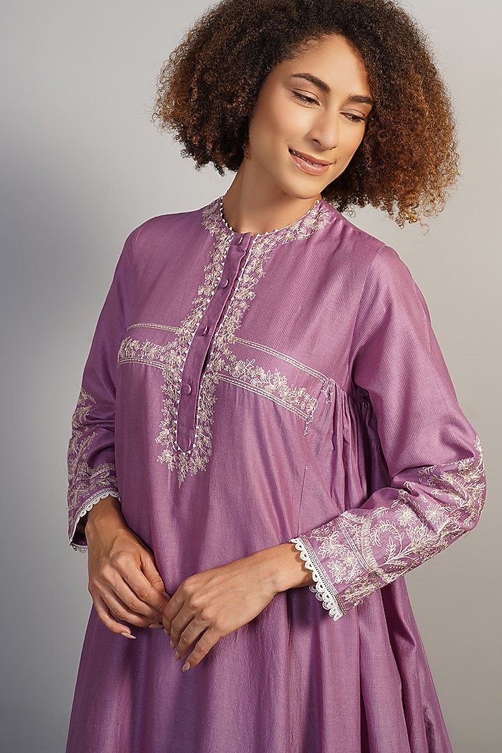 Deep Plum Purple Cotton Silk Thread Embroidered Kurta Set by Samant Chauhan at Pernia's Pop Up Shop