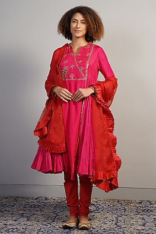 Royal Magenta Tabby Silk Zardosi Embroidered Kurta Set by Samant Chauhan