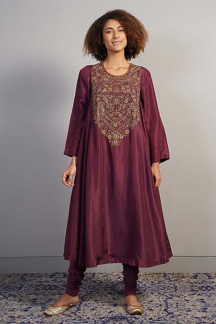 Deep Wine Tabby Silk Zardosi Embroidered Kurta Set by Samant Chauhan at Pernia's Pop Up Shop