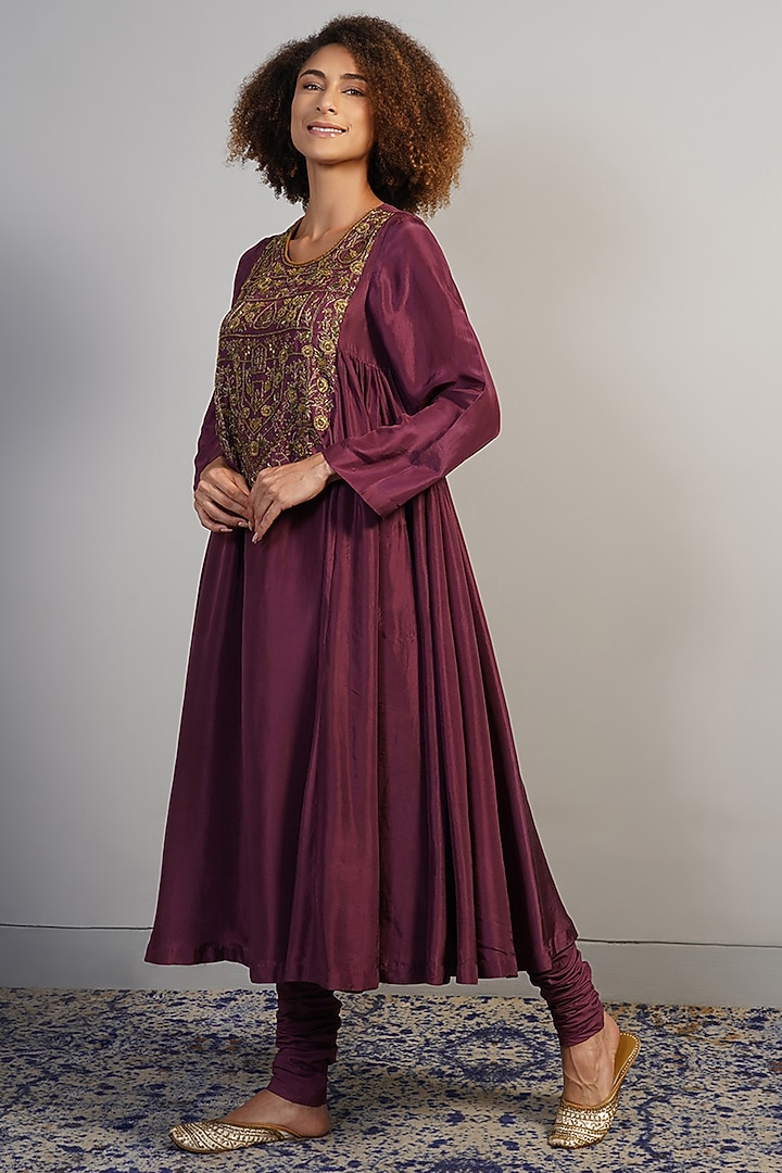 Deep Wine Tabby Silk Zardosi Embroidered Kurta Set by Samant Chauhan at Pernia's Pop Up Shop