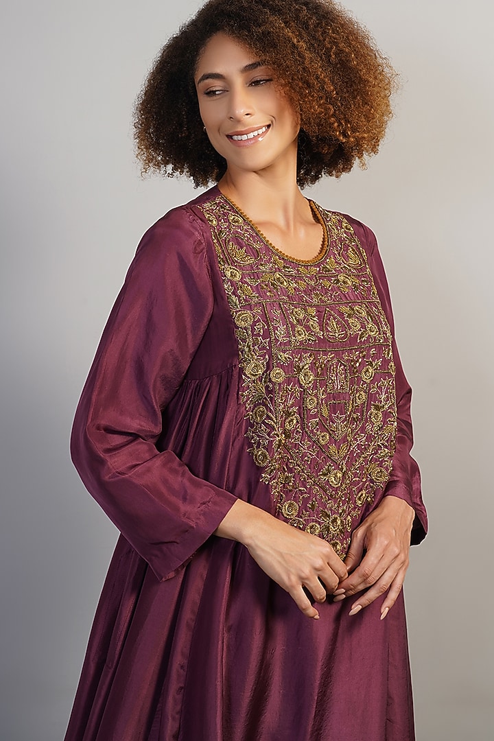 Deep Wine Tabby Silk Zardosi Embroidered Kurta Set by Samant Chauhan at Pernia's Pop Up Shop