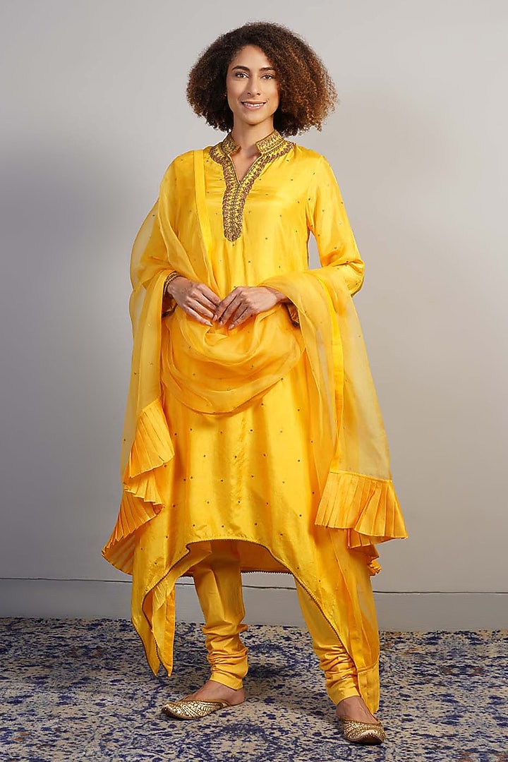 Vibrant Sunshine Yellow Tabby Silk Zardosi Embroidered Kurta Set by Samant Chauhan at Pernia's Pop Up Shop