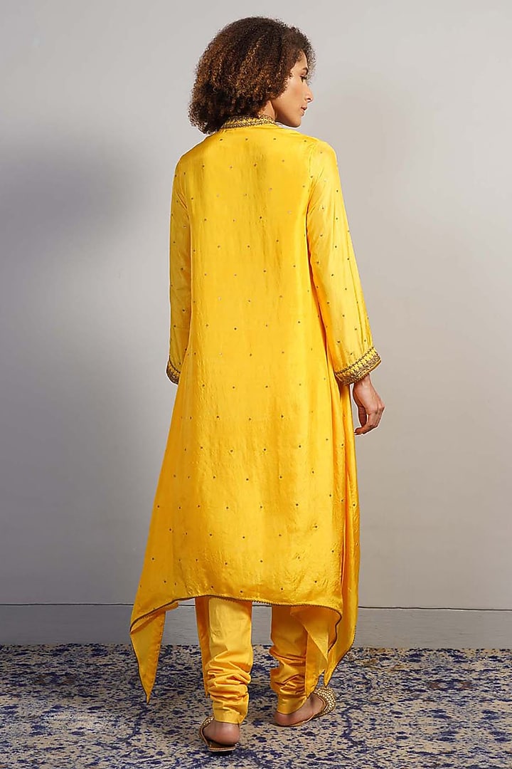 Vibrant Sunshine Yellow Tabby Silk Zardosi Embroidered Kurta Set by Samant Chauhan at Pernia's Pop Up Shop