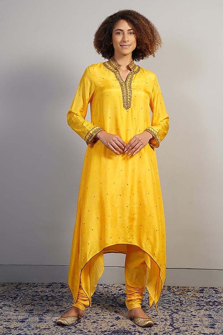 Vibrant Sunshine Yellow Tabby Silk Zardosi Embroidered Kurta Set by Samant Chauhan at Pernia's Pop Up Shop