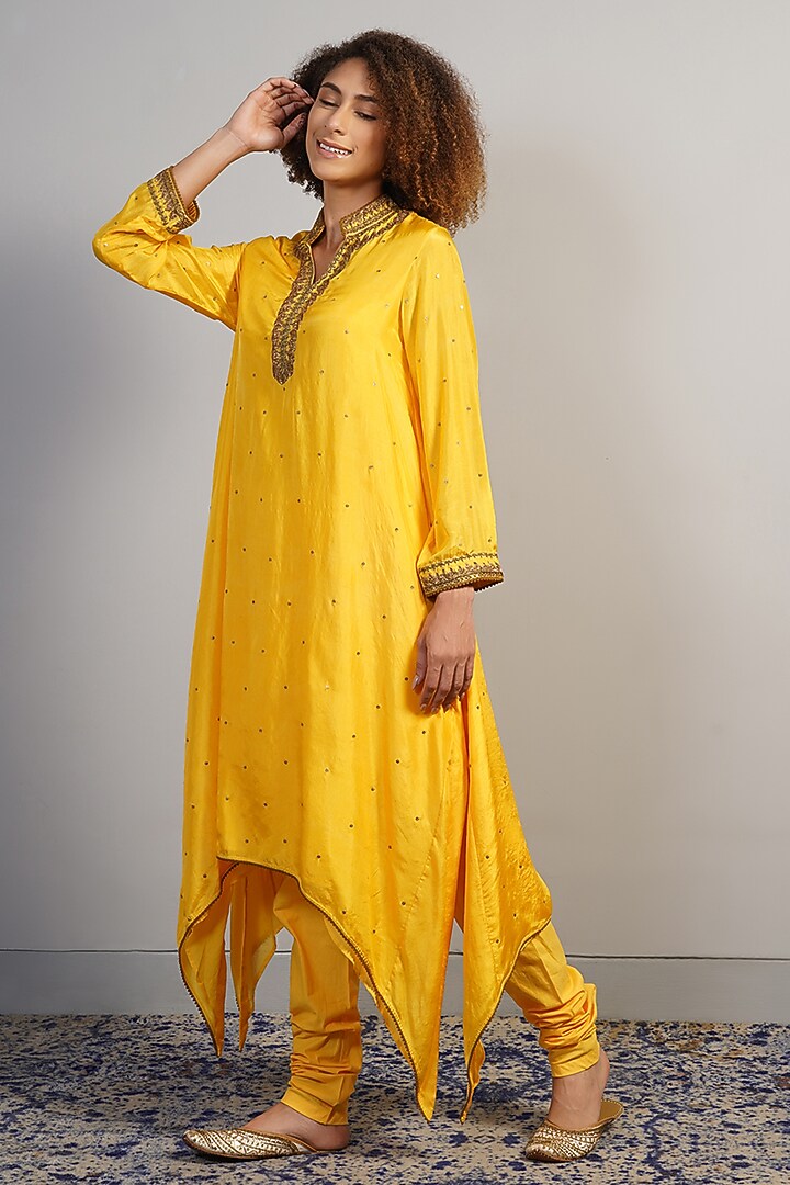Vibrant Sunshine Yellow Tabby Silk Zardosi Embroidered Kurta Set by Samant Chauhan at Pernia's Pop Up Shop