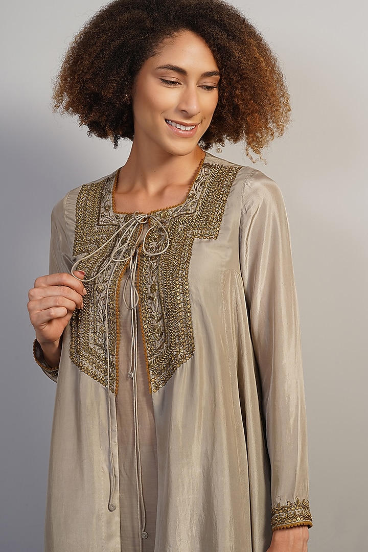 Soft Champagne Gold Tabby Silk Zardosi Embroidered Kurta Set by Samant Chauhan at Pernia's Pop Up Shop