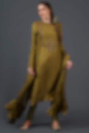 Olive Green Tabby Silk Zardosi Embroidered Kurta Set by Samant Chauhan at Pernia's Pop Up Shop