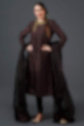 Deep Dark Brown Tabby Silk Zardosi Embroidered Kurta Set by Samant Chauhan at Pernia's Pop Up Shop