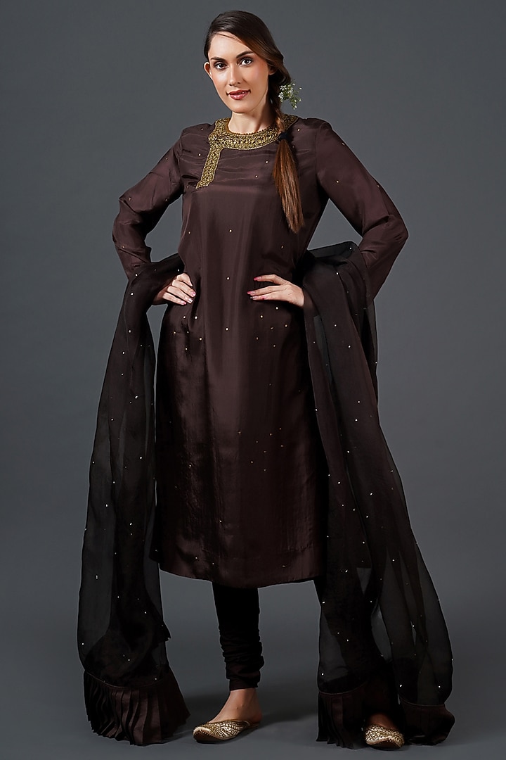 Deep Dark Brown Tabby Silk Zardosi Embroidered Kurta Set by Samant Chauhan at Pernia's Pop Up Shop