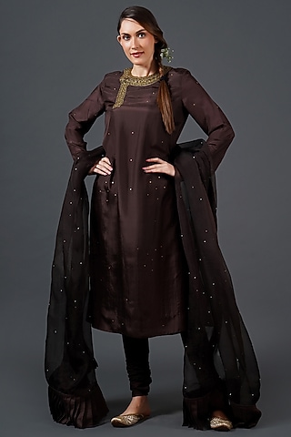 Deep Dark Brown Tabby Silk Zardosi Embroidered Kurta Set by Samant Chauhan