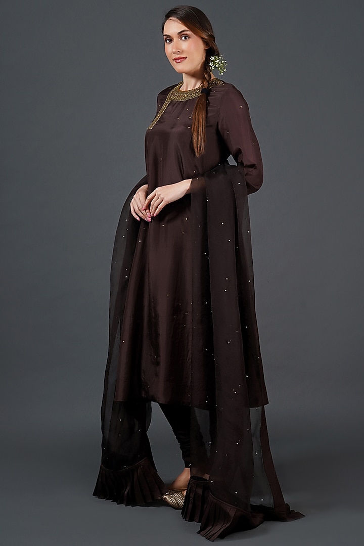 Deep Dark Brown Tabby Silk Zardosi Embroidered Kurta Set by Samant Chauhan at Pernia's Pop Up Shop