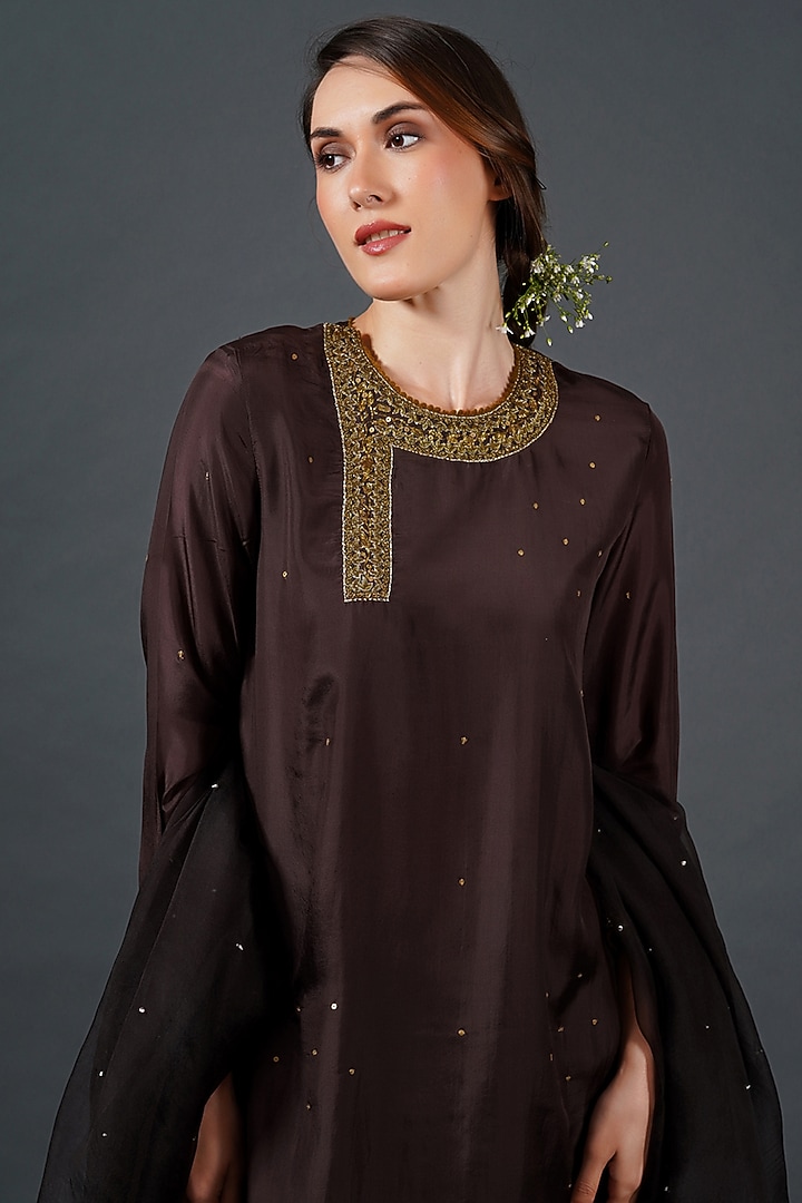 Deep Dark Brown Tabby Silk Zardosi Embroidered Kurta Set by Samant Chauhan at Pernia's Pop Up Shop