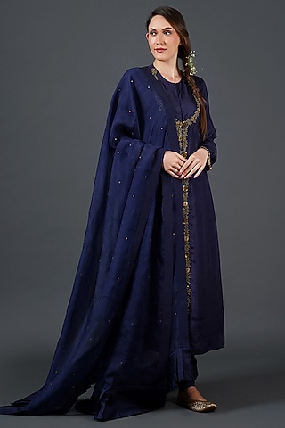Midnight Blue Tabby Silk Zardosi Embroidered Kurta Set by Samant Chauhan