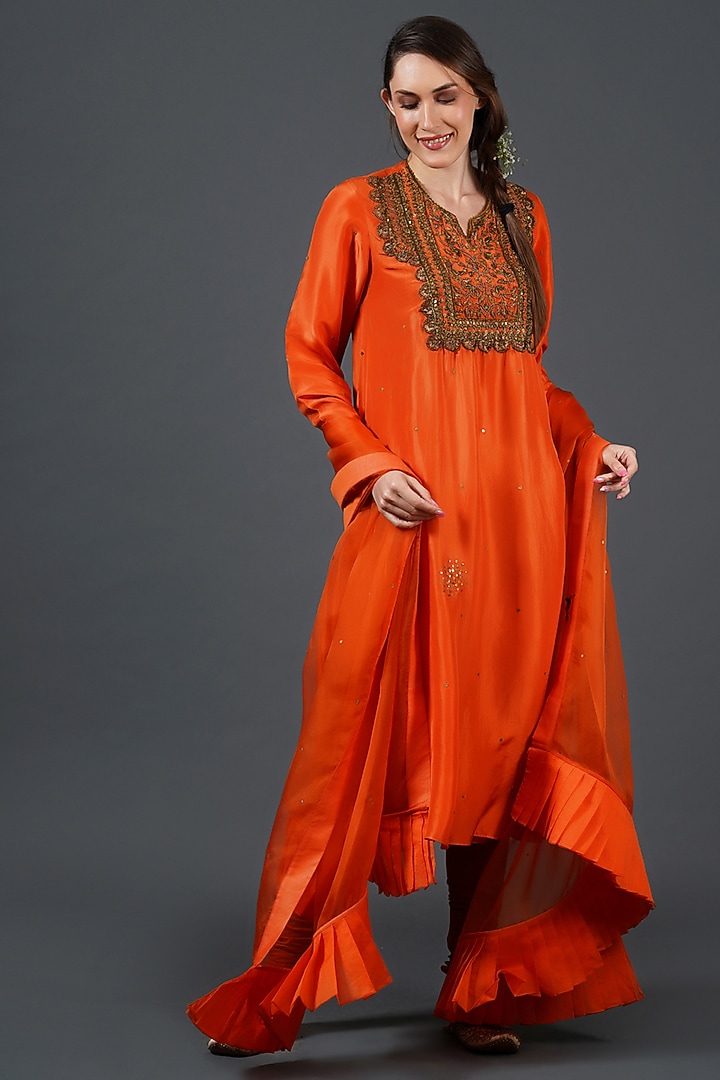 Orange Tabby Silk Zardosi Embroidered Kurta Set by Samant Chauhan at Pernia's Pop Up Shop