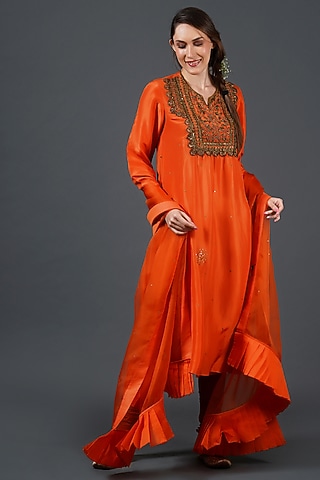 Orange Tabby Silk Zardosi Embroidered Kurta Set by Samant Chauhan