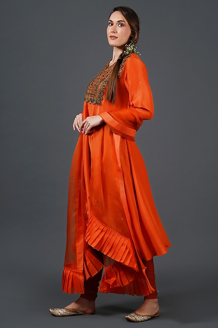 Orange Tabby Silk Zardosi Embroidered Kurta Set by Samant Chauhan at Pernia's Pop Up Shop