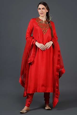 Red Tabby Silk Zardosi Embroidered Kurta Set by Samant Chauhan