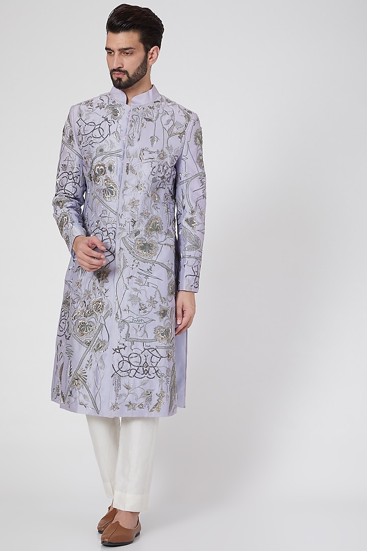 Sky Blue Embroidered Sherwani by Samant Chauhan Men