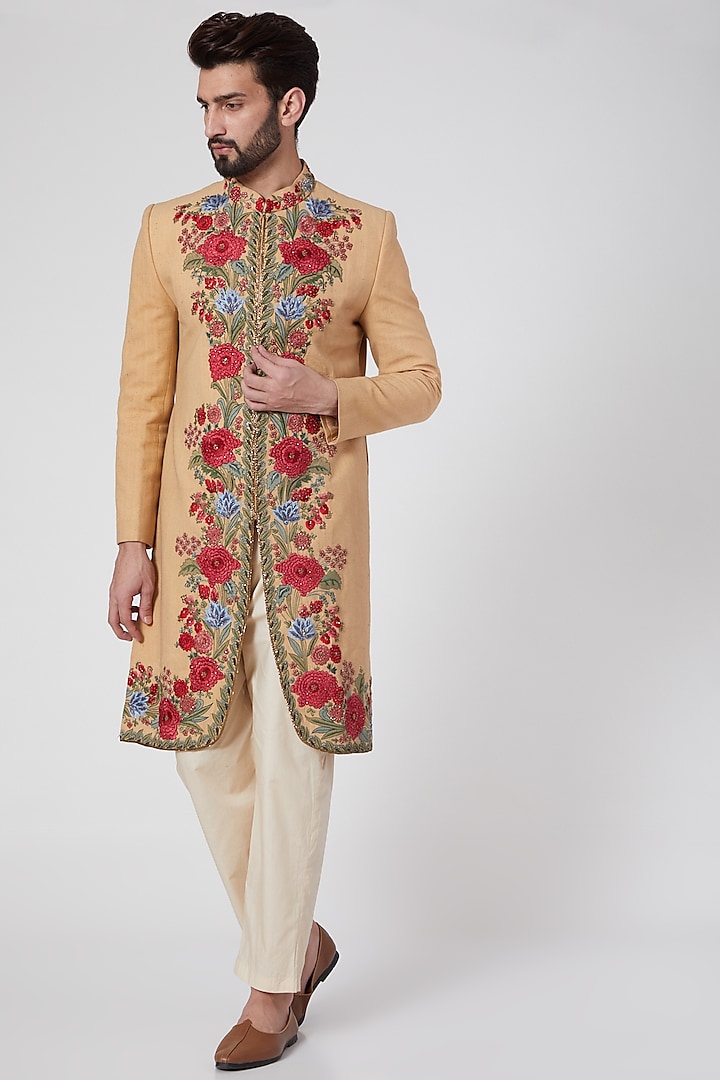 Beige Moonga Silk Floral Embroidered Indowestern Jacket by Samant Chauhan Men