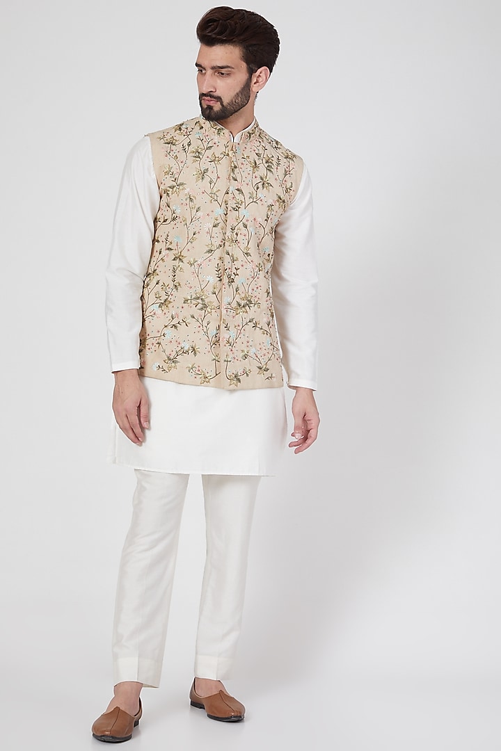 Beige Thread Embroidered Bundi Jacket by Samant Chauhan Men