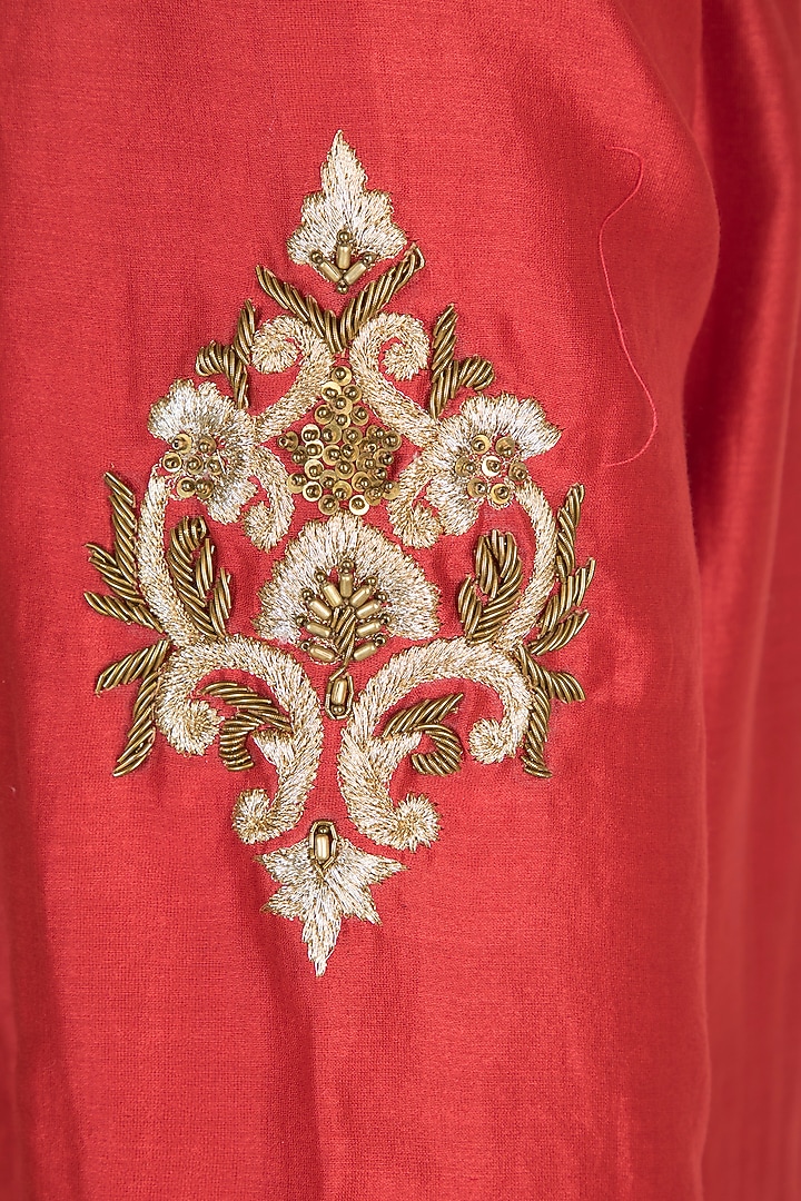 Red Embroidered Wedding Anarkali With Printed Dupatta by Samant Chauhan at Pernia's Pop Up Shop