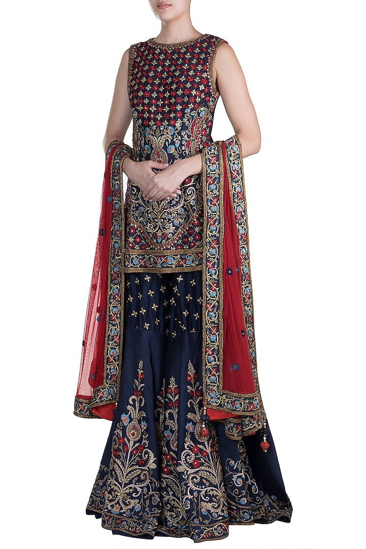 Navy Blue Embroidered Bridal Sharara Set by Samant Chauhan at Pernia's Pop Up Shop