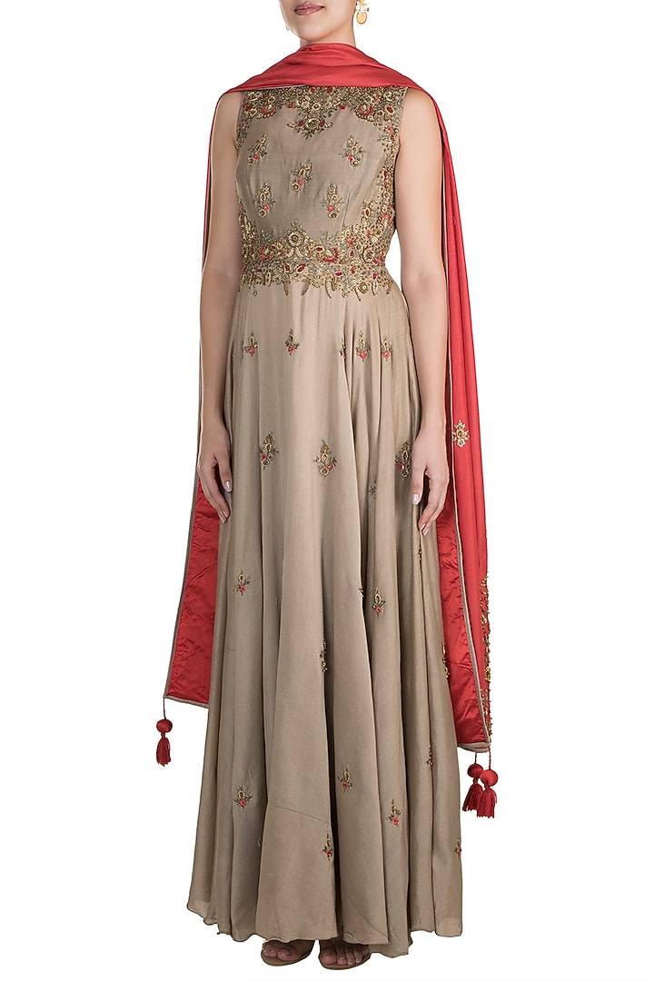 Grey Embroidered Wedding Anarkali With Dupatta by Samant Chauhan at Pernia's Pop Up Shop
