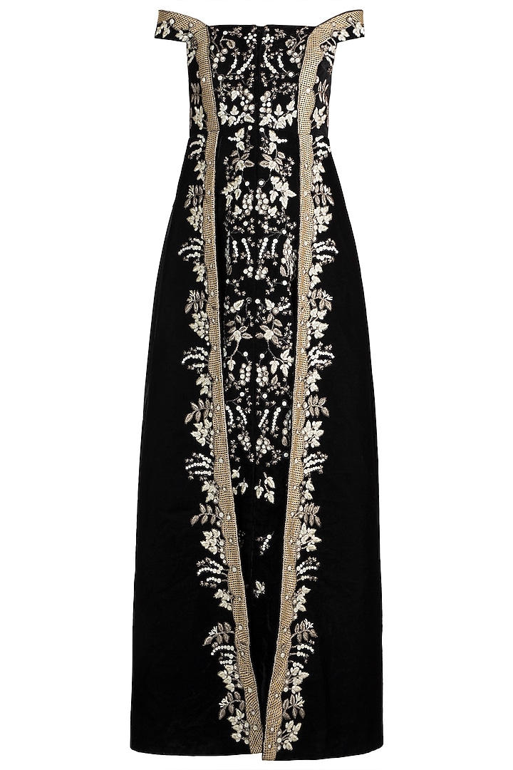 Black Embroidered Off Shoulder Gown by Samant Chauhan