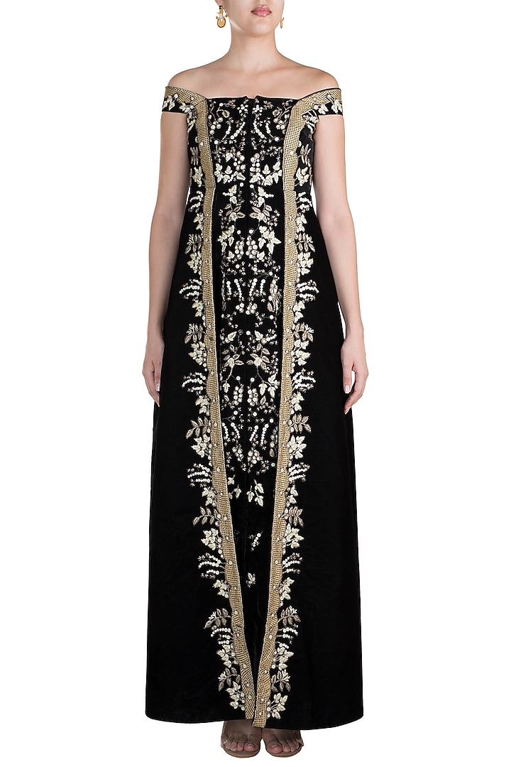 Black Embroidered Off Shoulder Engagement Gown by Samant Chauhan at Pernia's Pop Up Shop