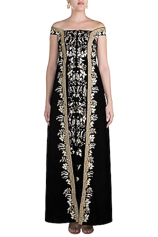 Black Embroidered Off Shoulder Gown by Samant Chauhan