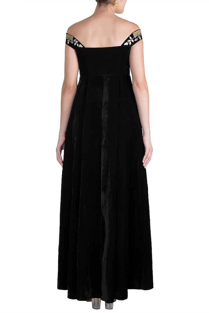 Black Embroidered Off Shoulder Engagement Gown by Samant Chauhan at Pernia's Pop Up Shop
