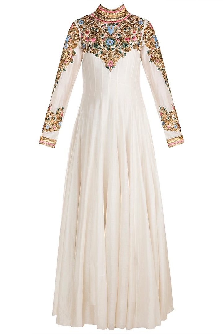 Off White Embroidered High Neck Jacket Gown by Samant Chauhan