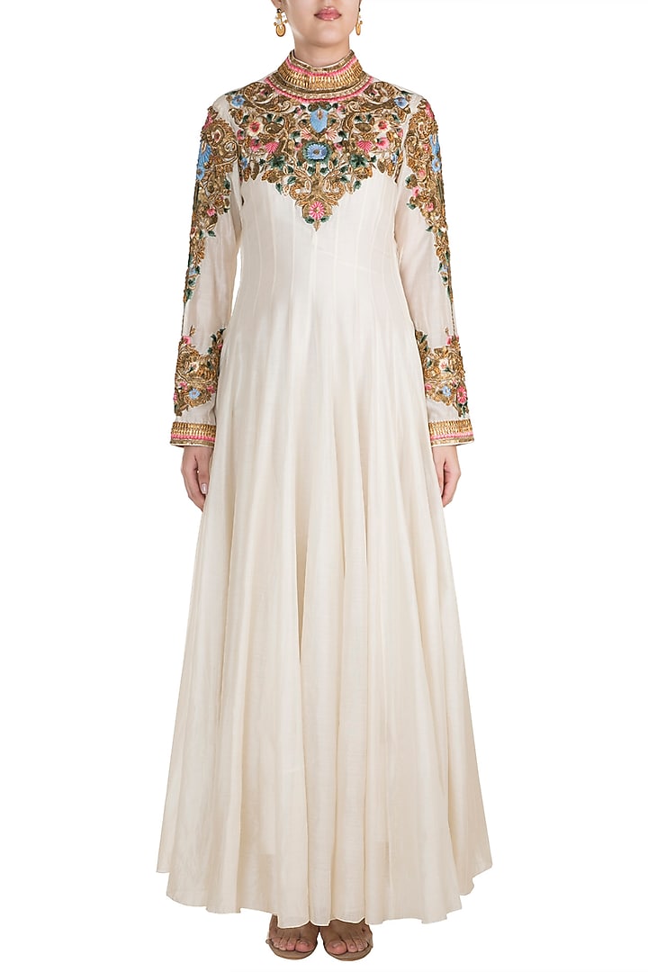 Off White Embroidered High Neck Jacket Gown by Samant Chauhan at