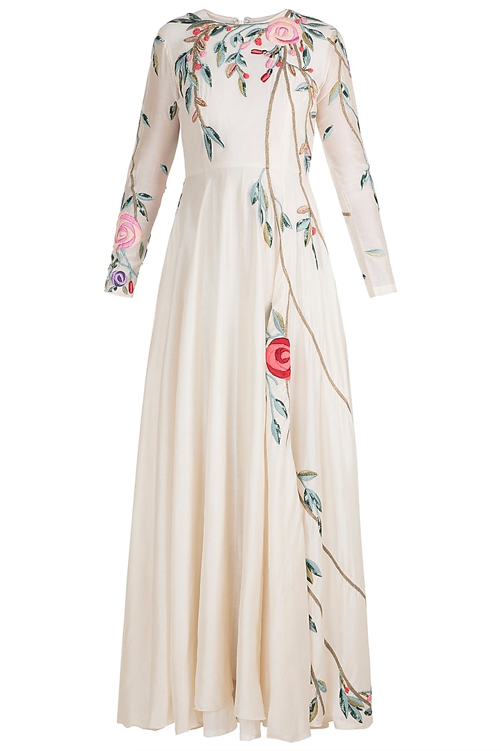 Off White Silk Embroidered Jacket Gown by Samant Chauhan