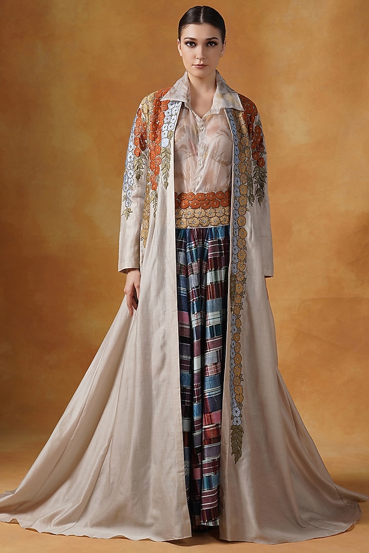 Beige Cotton Silk Embroidered Jacket Set by Samant Chauhan