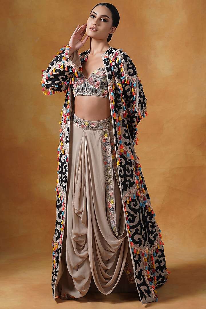 Beige Linen Silk Jacket Set by Samant Chauhan