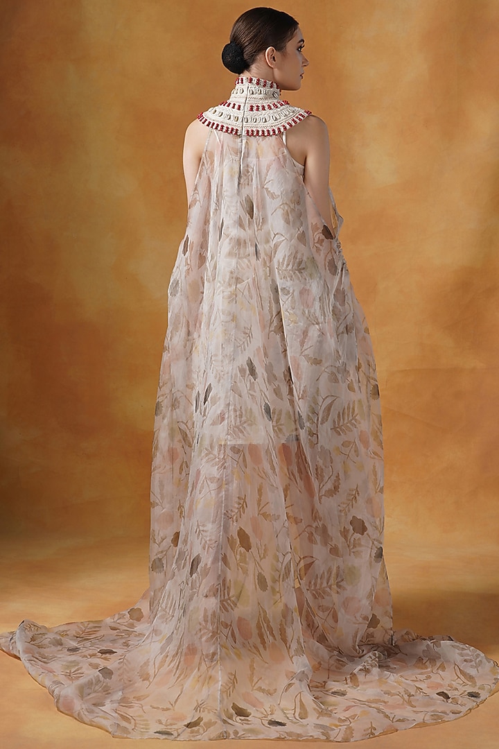 Beige Organza Printed & Embroidered Kaftan by Samant Chauhan at Pernia's Pop Up Shop