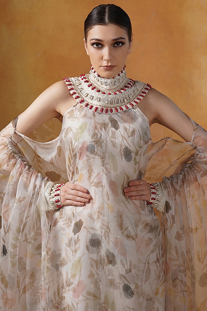 Beige Organza Printed & Embroidered Kaftan by Samant Chauhan at Pernia's Pop Up Shop