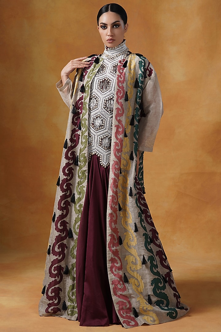 Maroon Silk Embroidered Gown With Jacket by Samant Chauhan