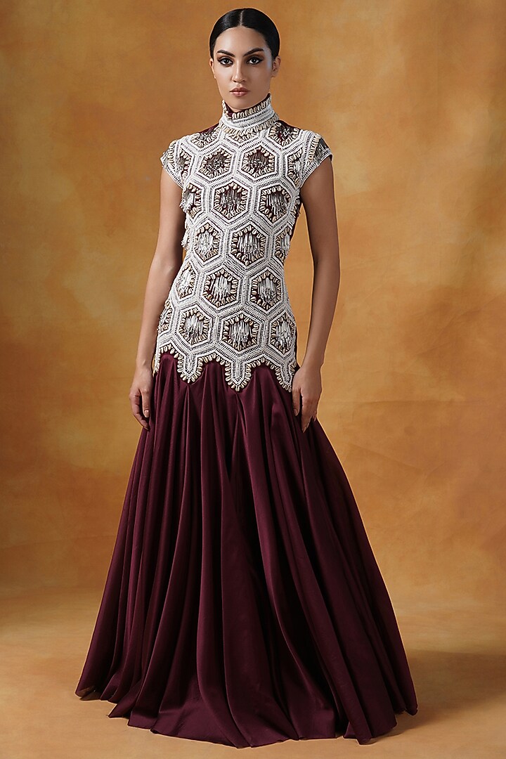 Maroon Silk Embroidered Wedding Gown With Jacket by Samant Chauhan at Pernia's Pop Up Shop