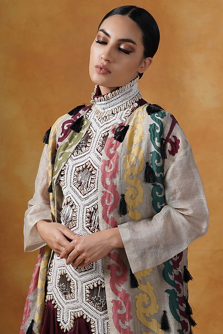 Maroon Silk Embroidered Wedding Gown With Jacket by Samant Chauhan at Pernia's Pop Up Shop