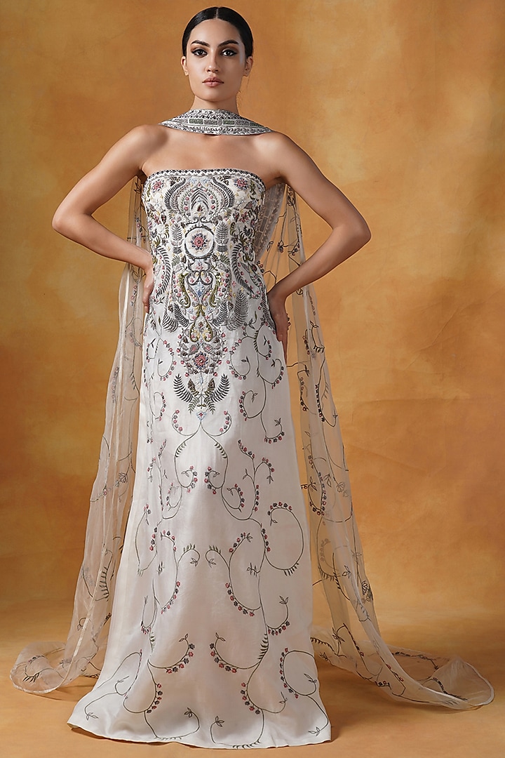 Ivory Silk Embroidered Gown With Cape by Samant Chauhan