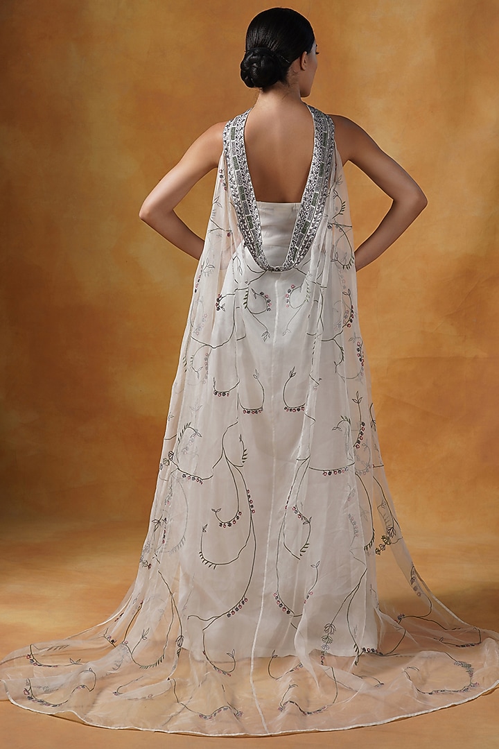 Ivory Silk Embroidered Engagement Gown With Cape by Samant Chauhan at Pernia's Pop Up Shop