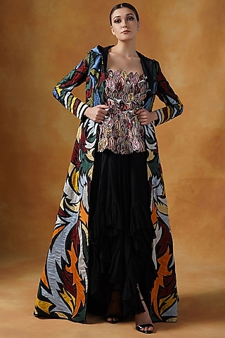 Black Cotton Silk Jacket Lehenga Set by Samant Chauhan