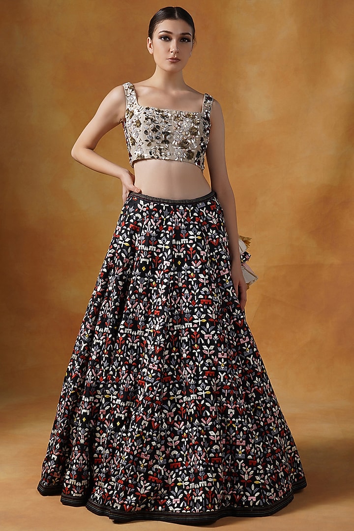 Black Cotton Silk Embroidered Skirt Set by Samant Chauhan at Pernia's Pop Up Shop