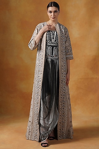 Black Net Draped Skirt Set by Samant Chauhan