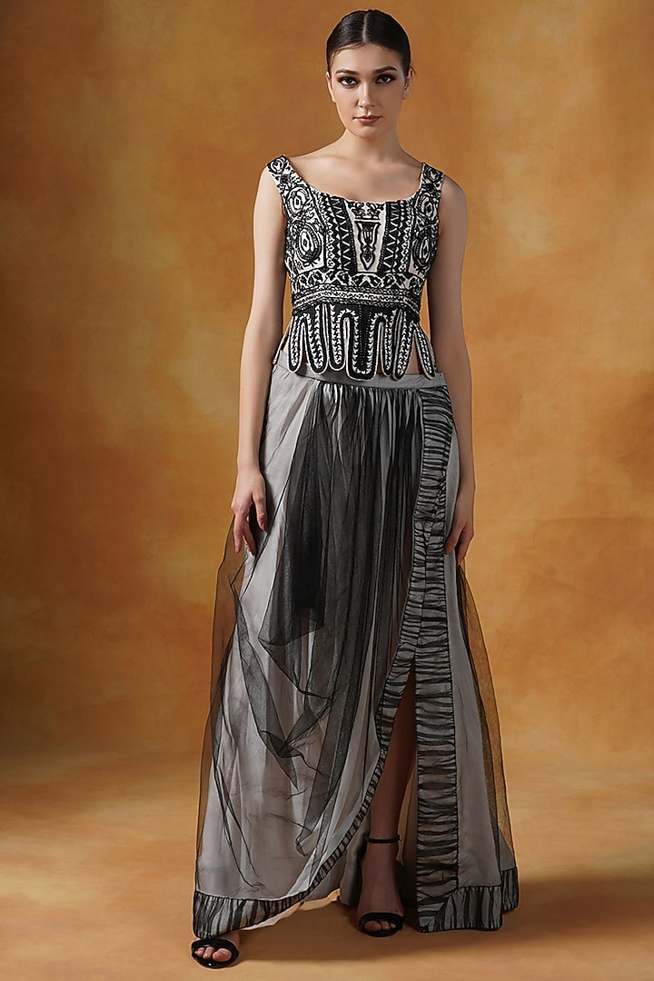Black Net Draped Skirt Set by Samant Chauhan at Pernia's Pop Up Shop