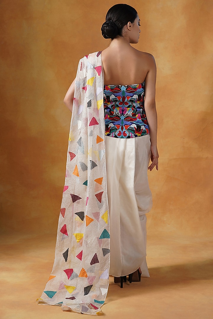 Ivory Cotton Silk Printed Draped Skirt Reception Saree Set by Samant Chauhan at Pernia's Pop Up Shop