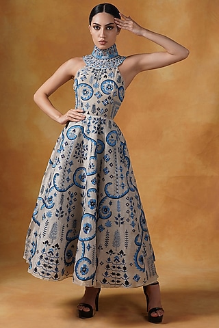 Beige Linen Silk Embroidered Gown by Samant Chauhan