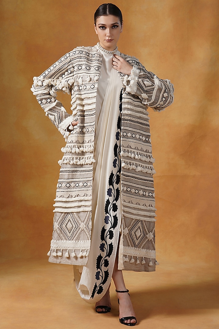 Ivory Cotton Silk Draped Dress With Jacket by Samant Chauhan